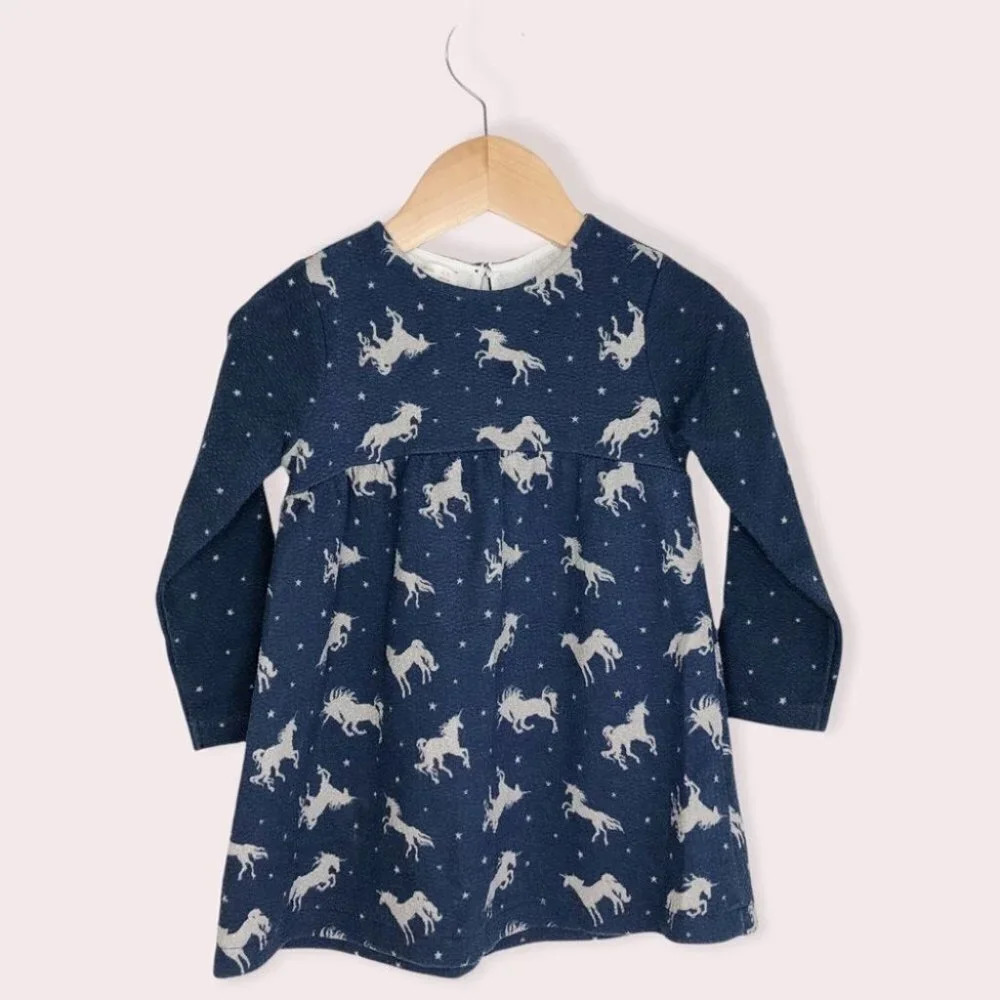 Zara Baby Girl dress navy blue long sleeve sparkle unicorn size 2-3 years‎